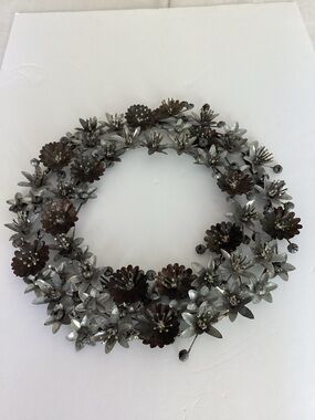 Vintage Metal Floral Wreath Wall DecorSilver & Bronze Tin Flowers Rustic Cottage